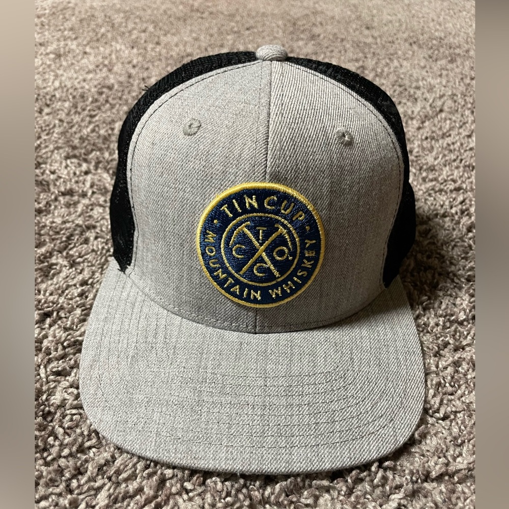 Gray and Black Tin Cup Mountain Whiskey Snap Back Hat